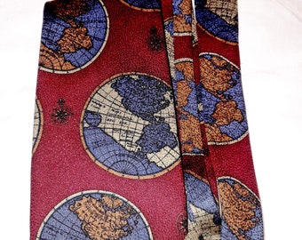 Globe Print Tie EATON Necktie Burgundy Tie Antique Globe Planets Earth Map Dark Red Necktie Fun Educating Geography Designer Necktie Men Him