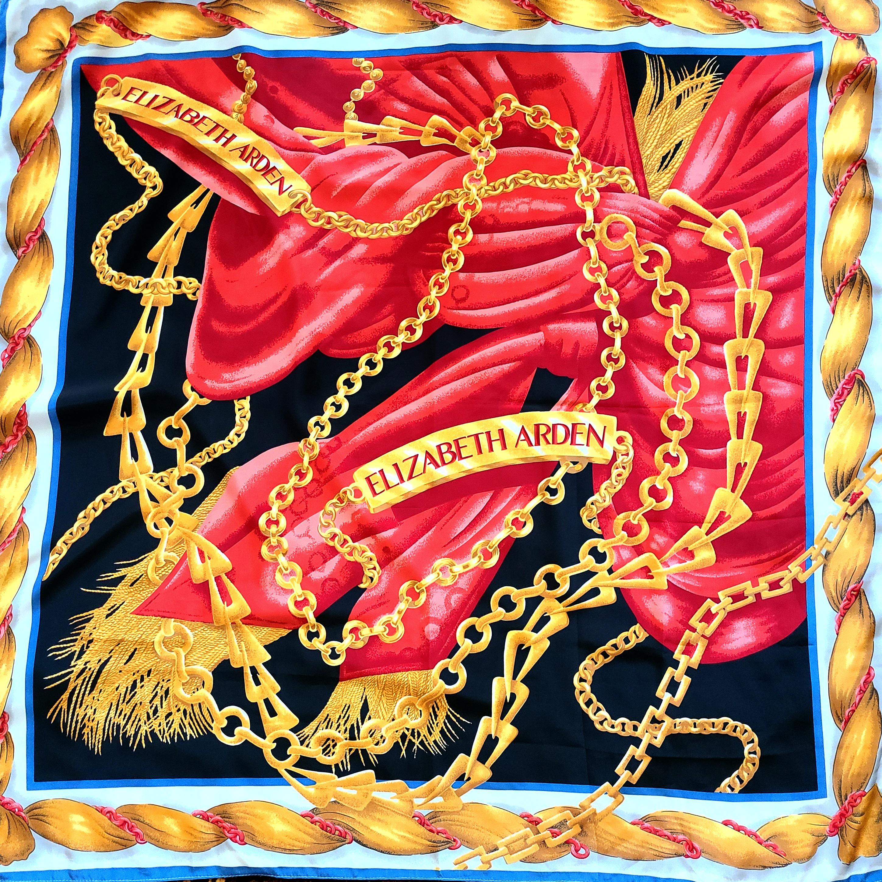 $38 +sh Large vintage equestrian silk scarf 🐎 Such a  Elegant 100% Silk Scarf EquestrianGold Baroque Horse Bit Chain Red Gold Black main image 1