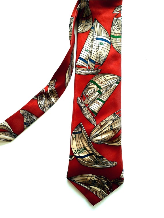Red Tie Boats Print MONZINI COLLECTION Necktie De… - image 3
