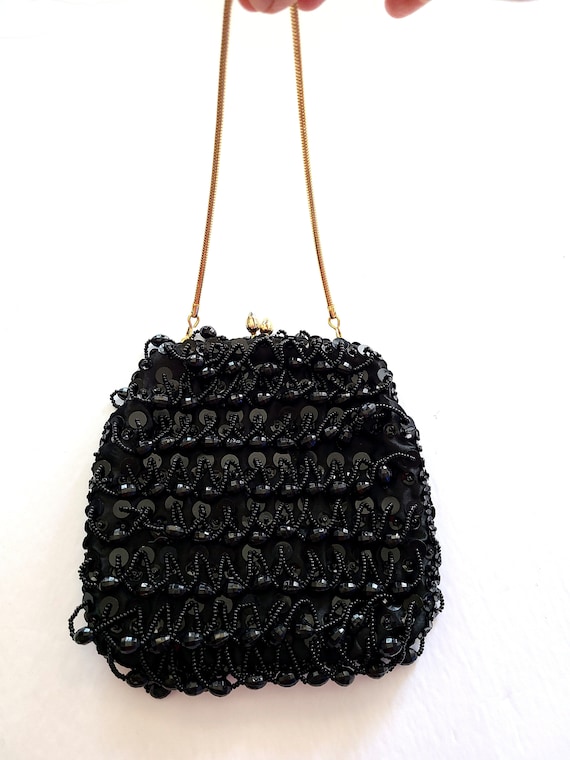 60s Evening Bag Purse Hong Kong Black Beaded Smal… - image 10