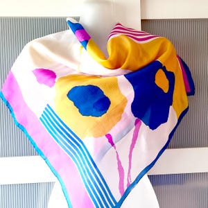 WAGON SILK SCARF Nautical Multicolored Striped Floral Design Blue Pink Yellow Watercolor Print Neck Wrap Headband Hair Tie Bag Decor Gift