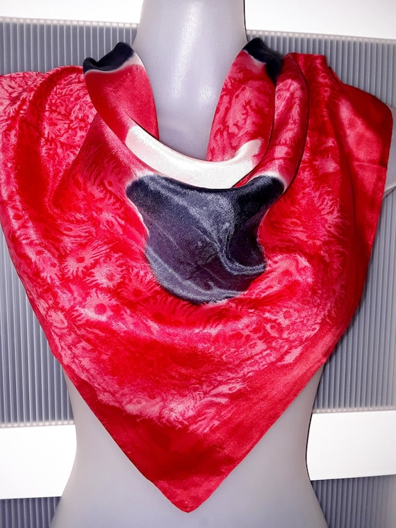 Red Silk Scarf Tie Dye Red Black White Abstract S… - image 1