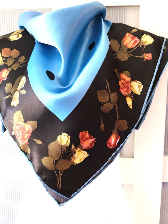 Blue Scarf with Orange Yellow Roses SILK SATIN SC… - image 5