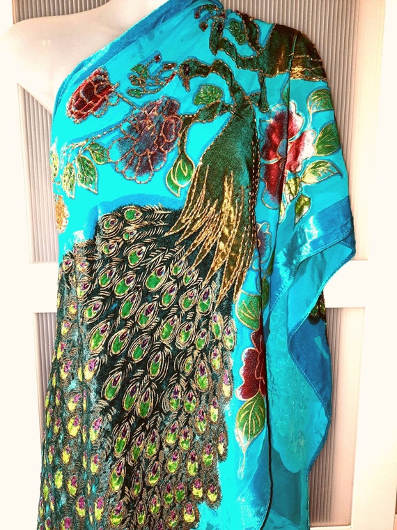 Art Deco Style Peacock Shawl Burnout Velvet Beade… - image 2