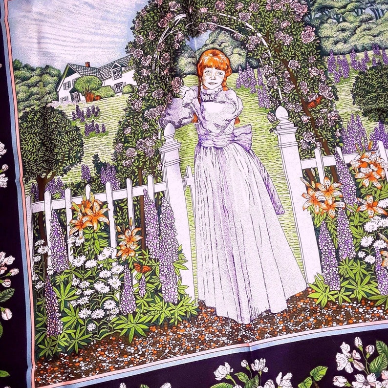 May include: A vintage-style illustration of a girl in a white dress standing in a garden with a white picket fence. The girl is surrounded by flowers and greenery, including purple lupine flowers.