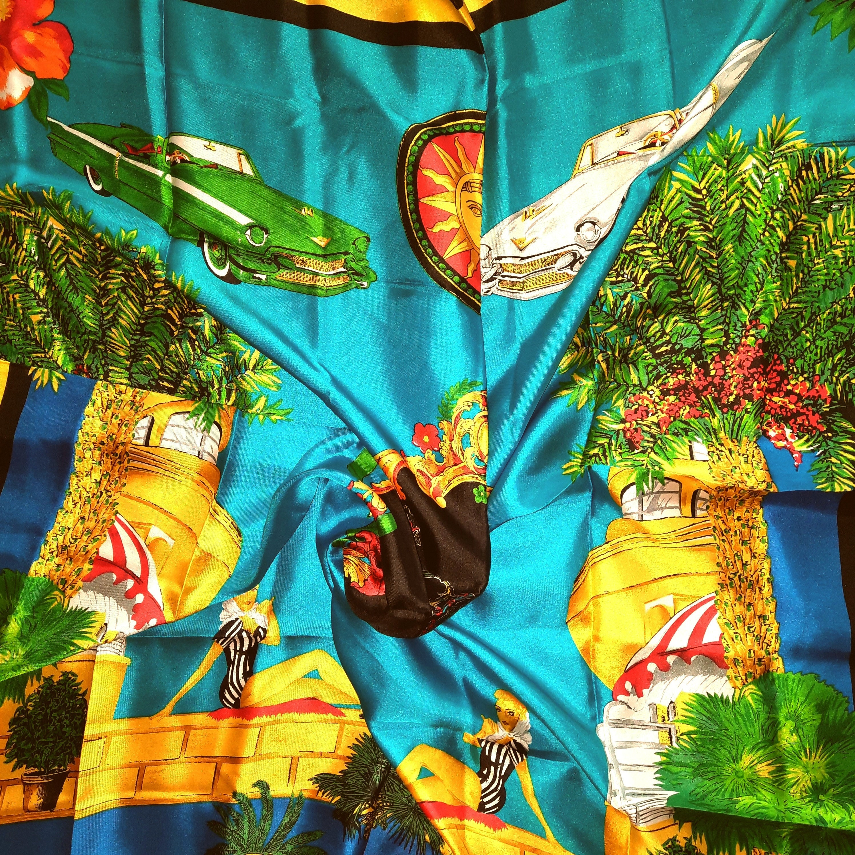 Teal Scarf Vintage 60s Silk Florida Cadillac Print Blue Yellow