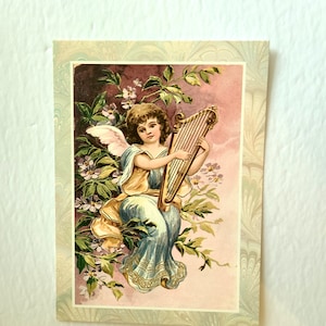 Vintage ENGEL Druck Grußkarte USA 1996 Romantisches Viktorianisches Floral Design Mädchen Engel Spielt Harfe Ostern Valentinstag Hochzeit Geburtstag Geschenk