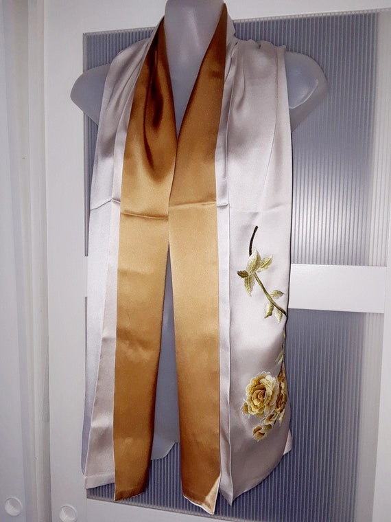FALL WEDDING SILK Scarf White Gold Brown Decor Big Roses Floral Embroidery Opera Shawl Sash Shoulder Wrap Accessories for Her Him Men Women Etsy Canada