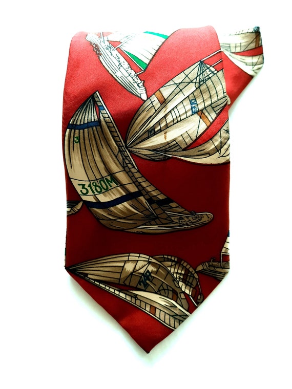 Red Tie Boats Print MONZINI COLLECTION Necktie De… - image 6