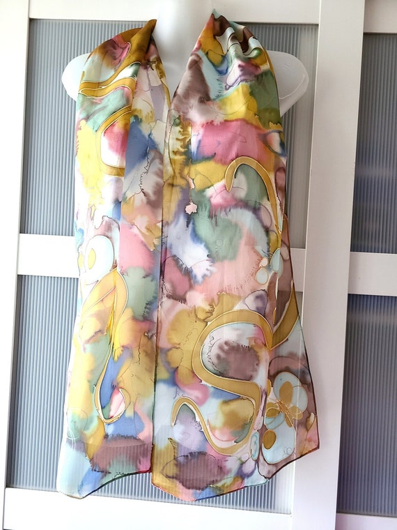 Pink Blue Scarf: Gold Accents, Handpainted, Silk, Floral  display picture 2