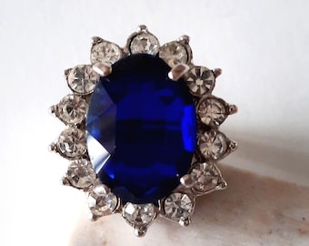 Princess Diana Inspired Rhinestone Ring: Blue Sapphire Floral Statement Jewelry