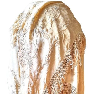 Art Deco Shawl 20s SILK PIANO SHAWL Antique Tablecloth Embroidered Large Yellow Beige Floral Paisley Design Roses Wrap Throw Home Decor Her