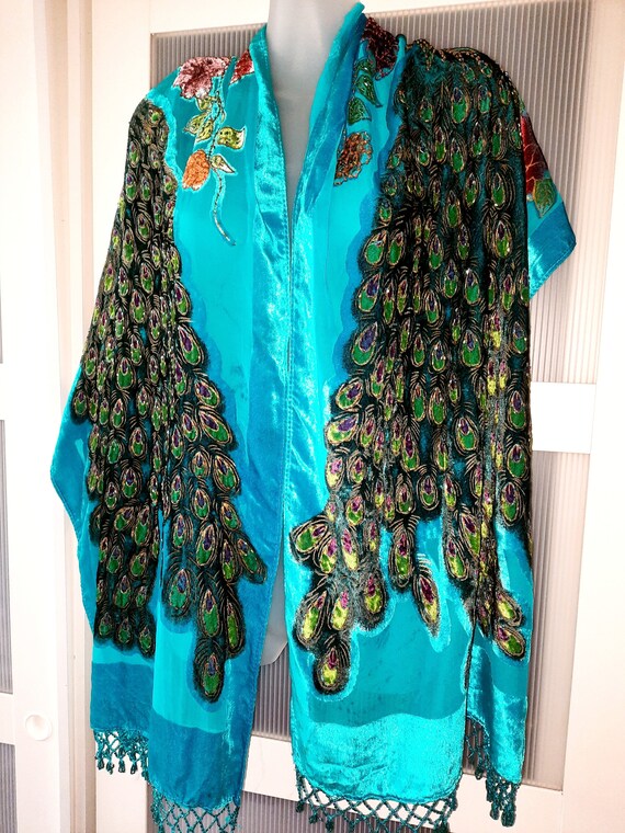 Art Deco Style Peacock Shawl Burnout Velvet Beade… - image 8