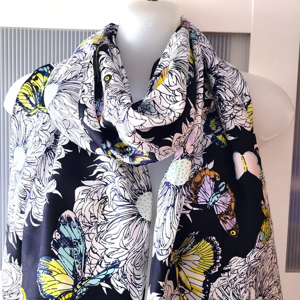 ECHO Silk SCARF BUTTERFLIES Print Shoulder Wrap Shawl Black White Floral Design Daisies Multicolored Butterflies Unique Love Gifts for Her