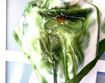 Green Scarf SILK Floral Abstract Flower Design Watercolor Art Accessories Neck Wrap Bag Decor