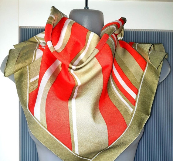 Orange Beige White Scarf Square Scarf Striped Sca… - image 1