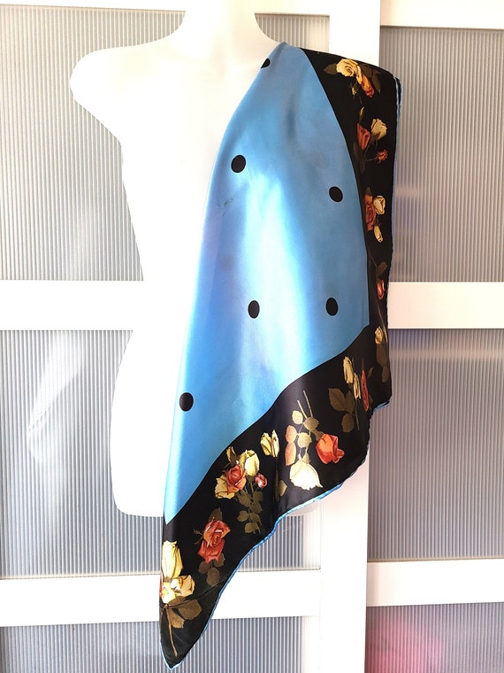 Blue Scarf with Orange Yellow Roses SILK SATIN SC… - image 7