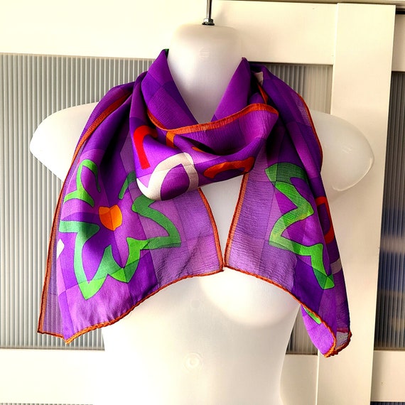 ALBERT NIPON Designer Scarf Silk Chiffon Purple O… - image 8