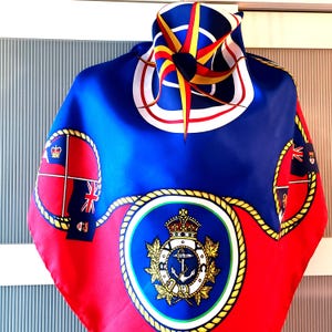 Nautical Silk Scarf: British Royalty Symbols, Anchor, Gold Chains, Blue Red Wrap Decor