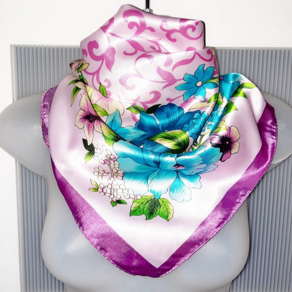 Ivory Blue Pink Floral Silk Blend Accent Scarf Hair Tie Allison Floral Hair Scarf | Skinny Scarf main image 3