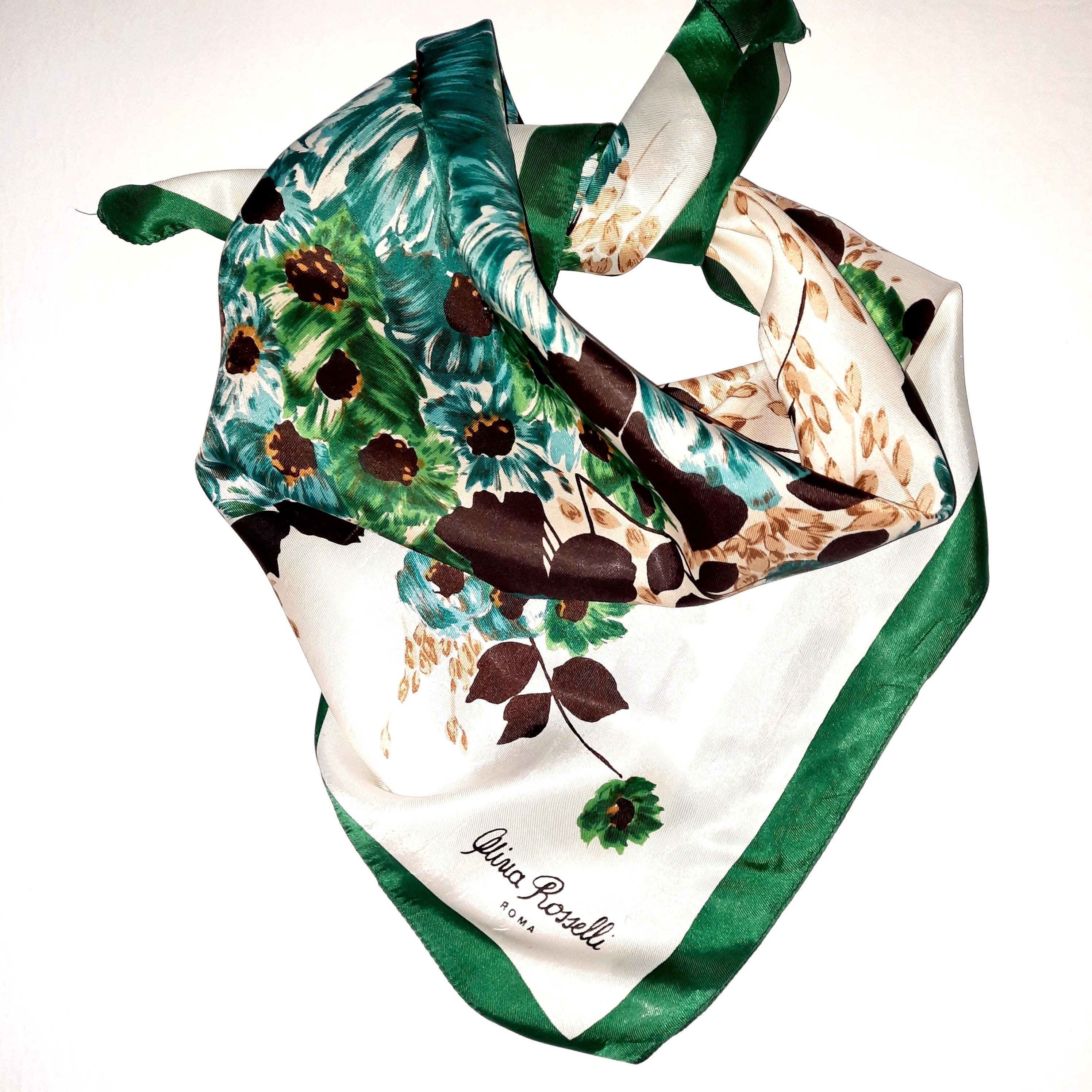 Hair Scarf or Bag Scarf in a beautiful floral green design double sided! Vintage Green Cotton Scarf .floral,flower Scarf 80 X 80 Cm  main image 2