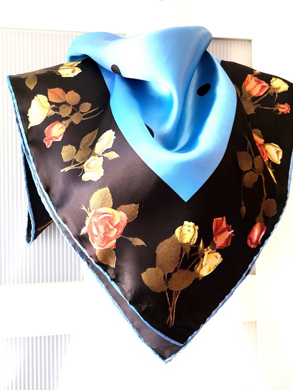 Blue Scarf with Orange Yellow Roses SILK SATIN SC… - image 4