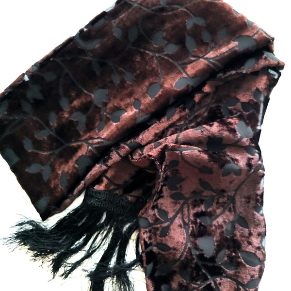 Art Deco Style Brown SILK Chiffon SCARF Burnout Velvet Fabric Floral Design Opera Sash Jacket Fashion Accessories Unique Gifts for Men Him