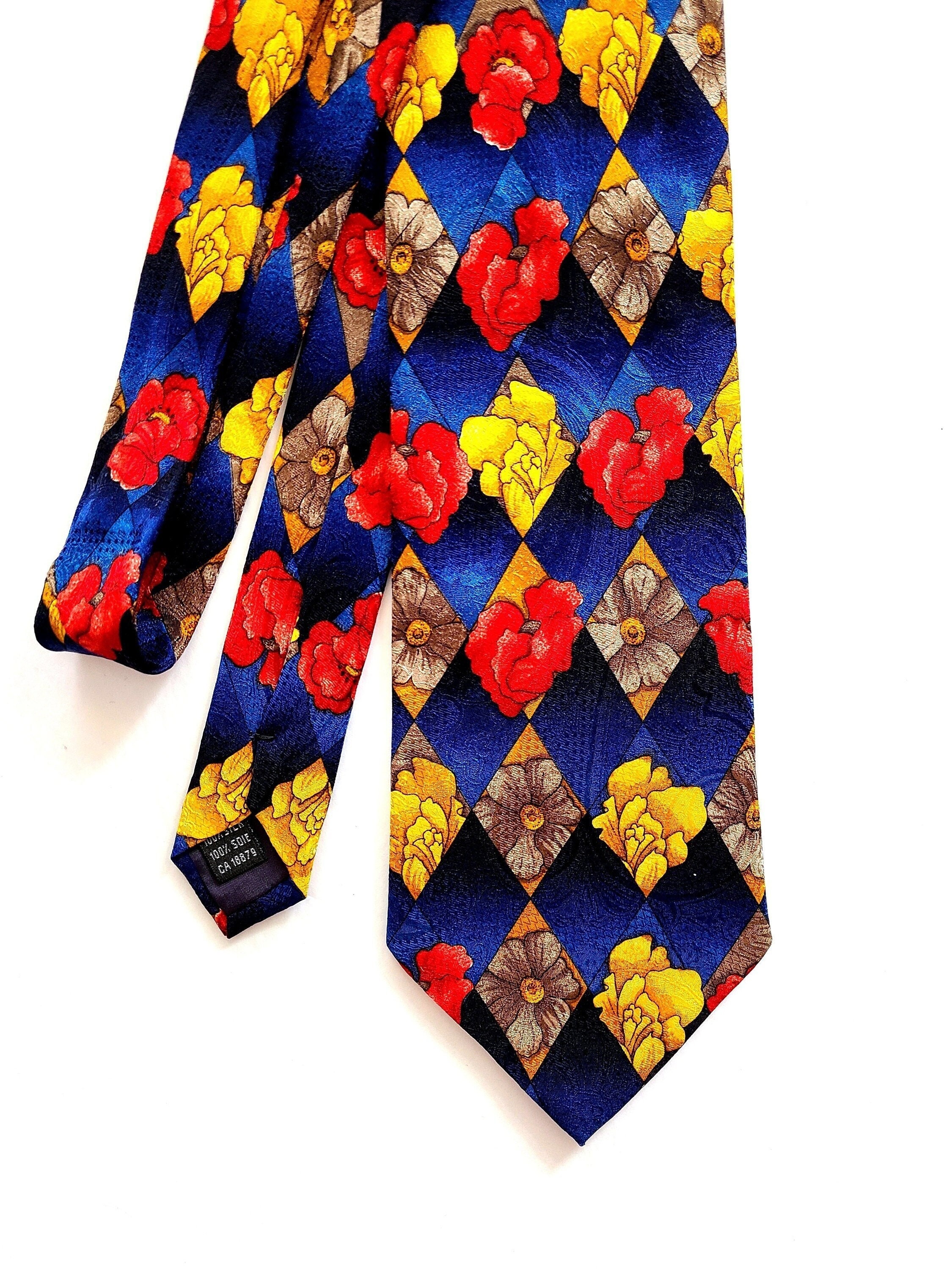 Sazzari Italy Silk Floral Necktie: 80s Designer Blue Red Yellow
