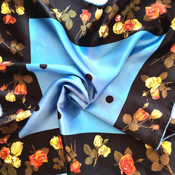 Blue Scarf with Orange Yellow Roses SILK SATIN SC… - image 3