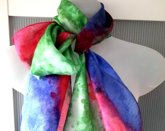 Tie-dye zijden sjaal: paars, roze en groen abstract ontwerp