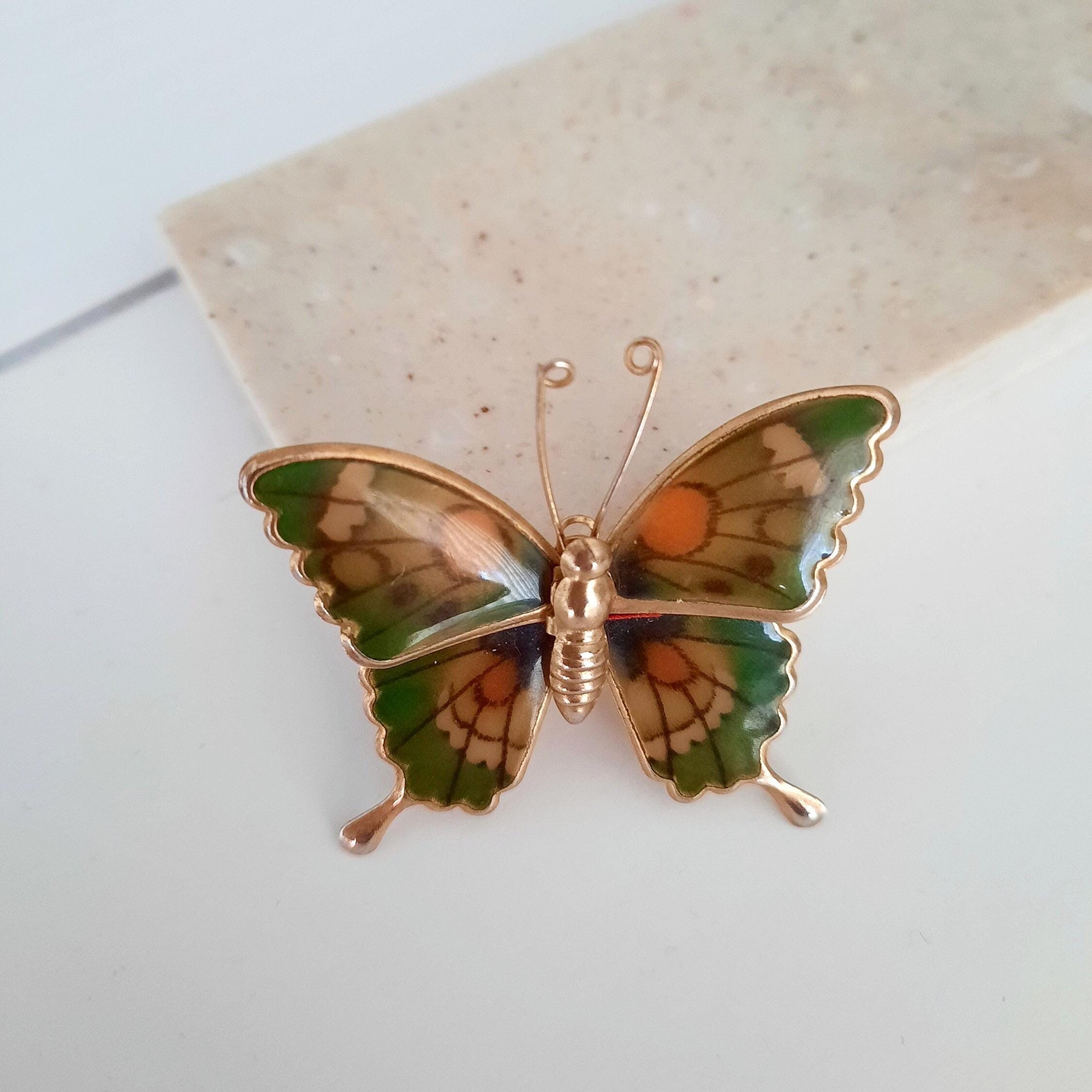 Broche Papillon émaillé Coloré - Orange, Rouge, Vert - Occasion - Bijou Vintage