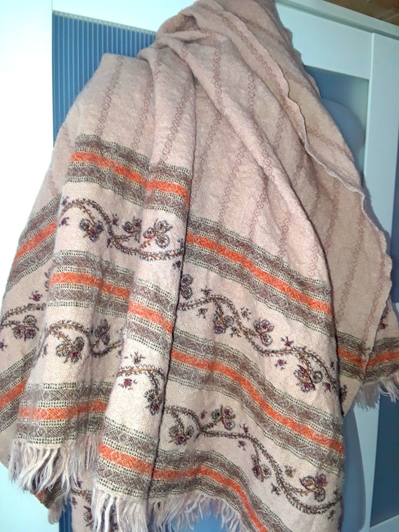 WOOL SHAWL Beige with Brown Orange Embroidery Blan