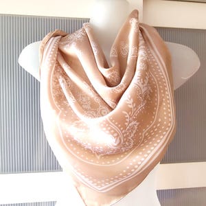 BEIGE SCARF Silk Satin Light Tan White Paisley Floral Design Stylish Wrap Bag Tie