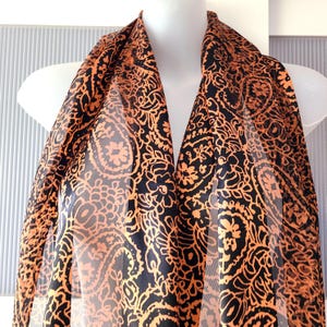 Bronze Paisley Floral Scarf: Rose Gold Metallic Design, Silk Satin