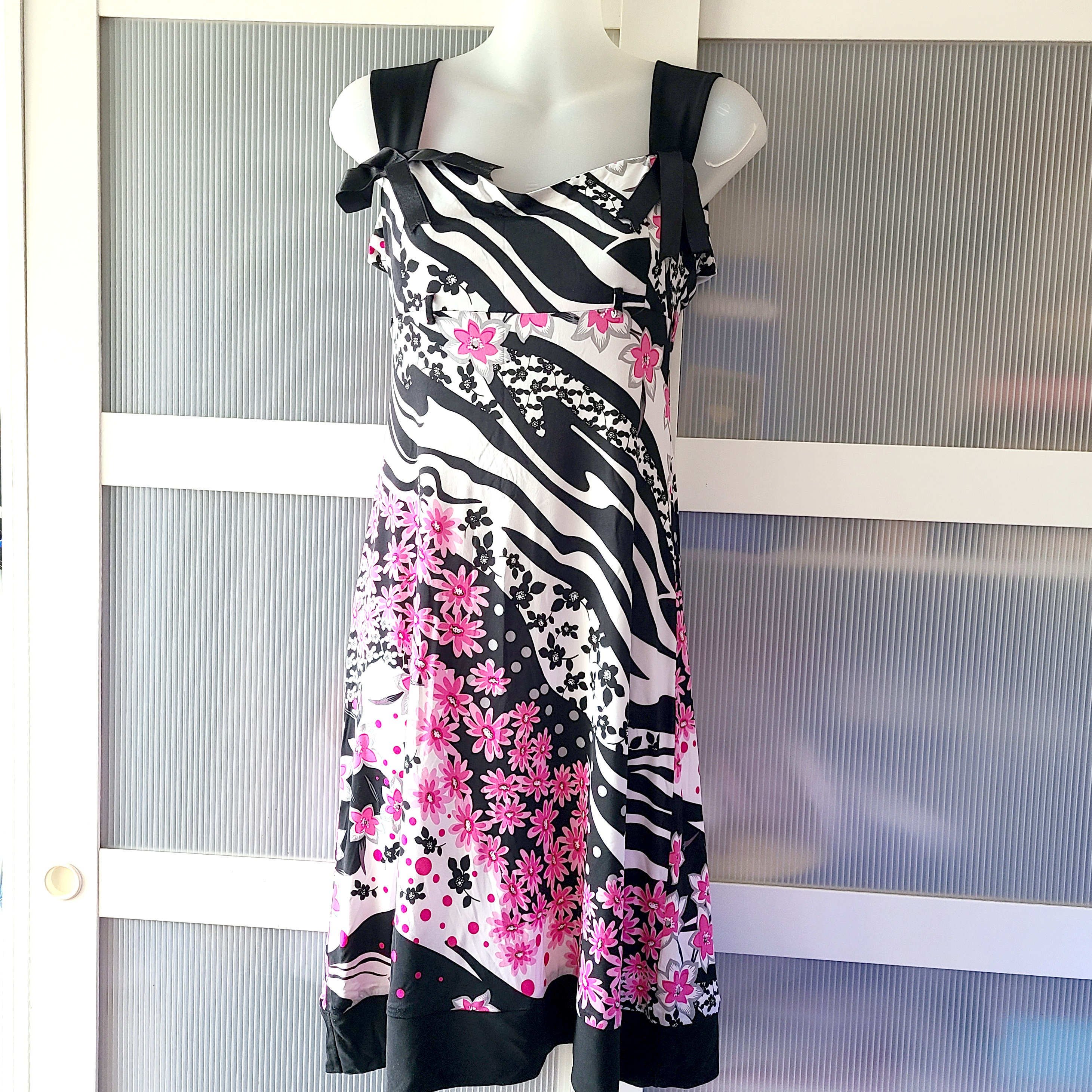 Zebra Dress Black White Pink Floral Cherry Blossom Daisy Design Geometric Stripe Lined Print Zebra Dress Black White Pink Floral Cherry Blossom Daisy Design Geometric Stripe Lined Print