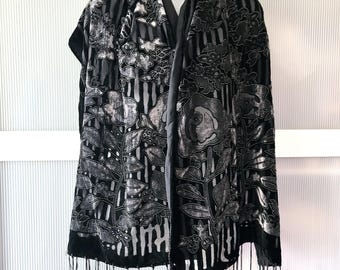 Art Deco Black Velvet Shawl: Floral Silk Chiffon Wrap