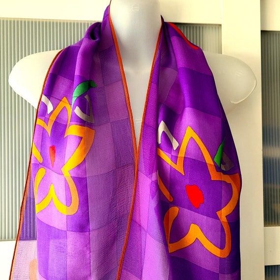 ALBERT NIPON Designer Scarf Silk Chiffon Purple O… - image 4