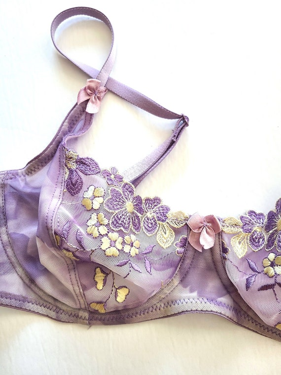 SEXY Bra Size 38B USA Purple Yellow Floral Embroidered Laced VALBONNE  Vintage Designer Sheer Bra Lingerie See Through Underwear Wedding Gift 