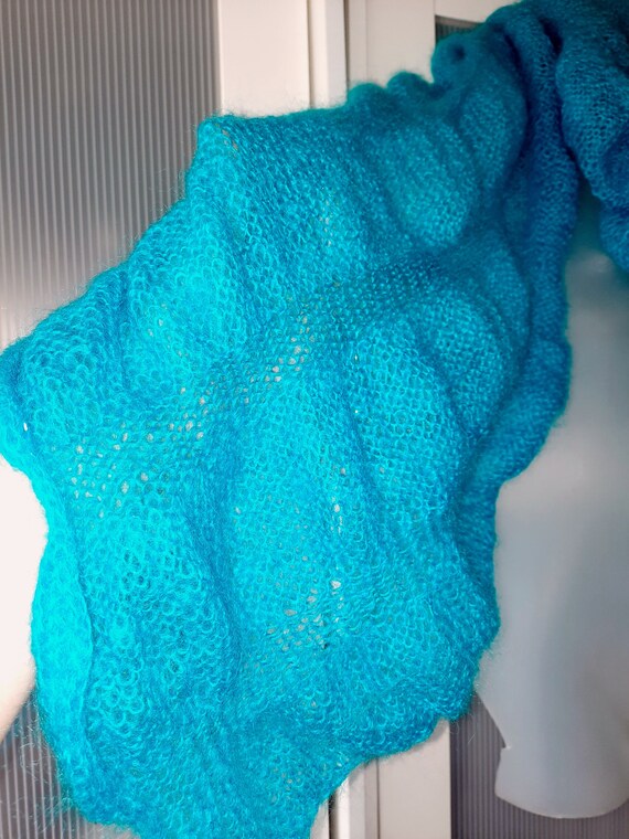 Teal Blue Green ANGORA WOOL Scarf Hand Knitted Lo… - image 2