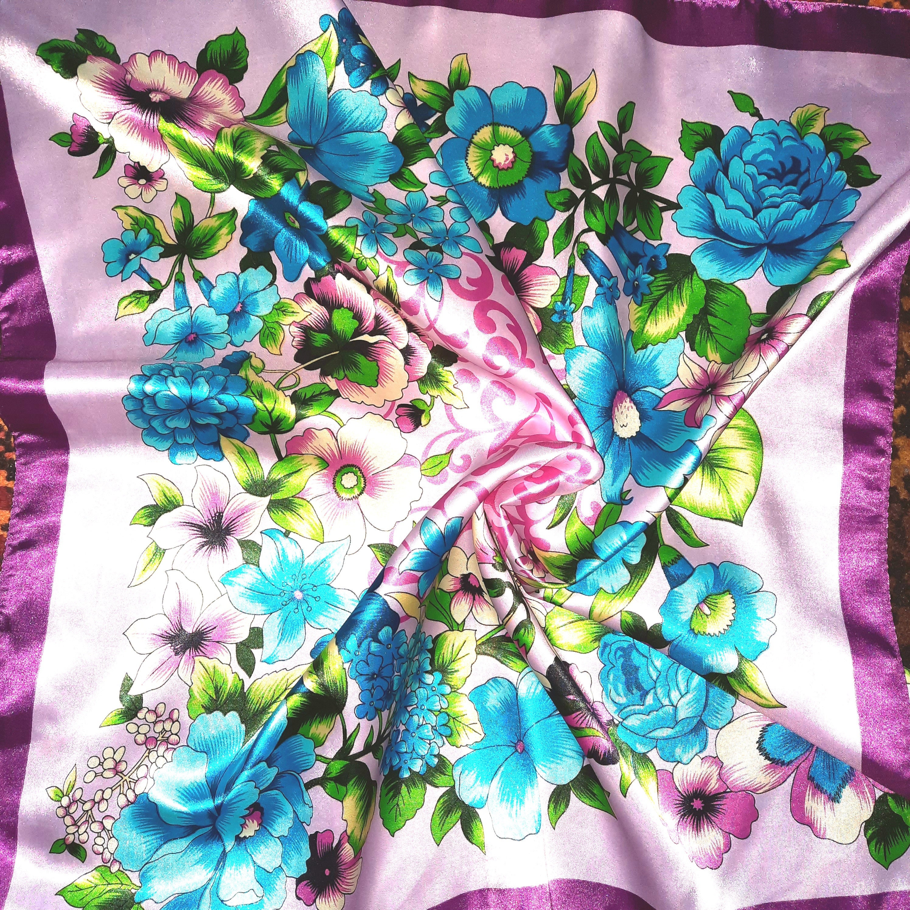 Pink Floral Scarf: Blue Flower Design, Silk Satin Wrap  display picture 1