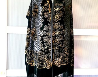 VELVET SHAWL Black Beige Silk Scarf Floral Paisley Design Art Deco Style Accessories Women