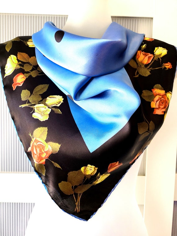 Blue Scarf with Orange Yellow Roses SILK SATIN SC… - image 8