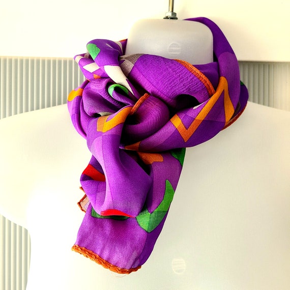 ALBERT NIPON Designer Scarf Silk Chiffon Purple O… - image 5