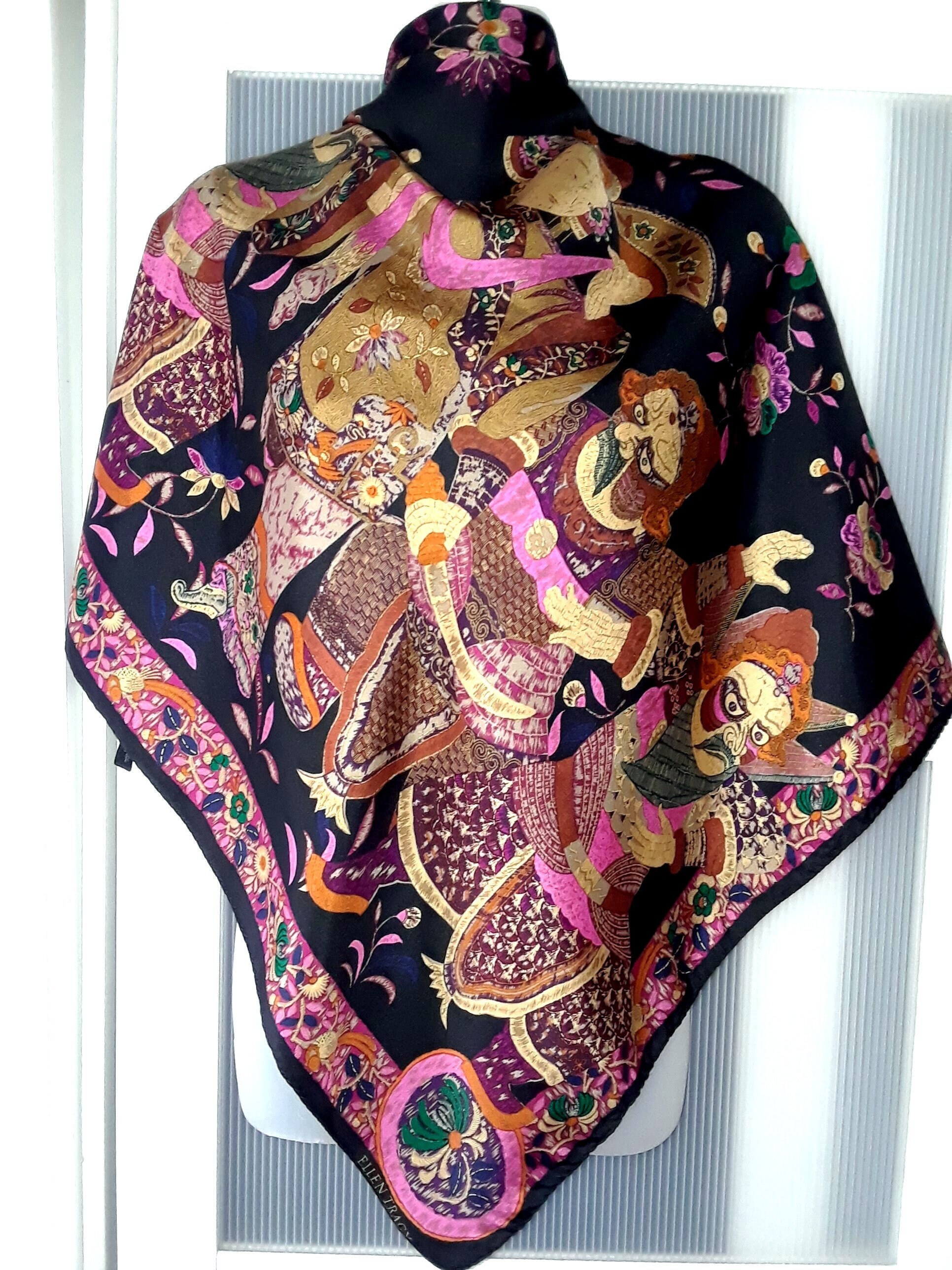 Luxury Silk ELLEN TRACY Scarf Large Square Black Purple Orange Multicolored Theater Mask Drama Ritual Dance Spirits Mythology Festivals Gift Etsy