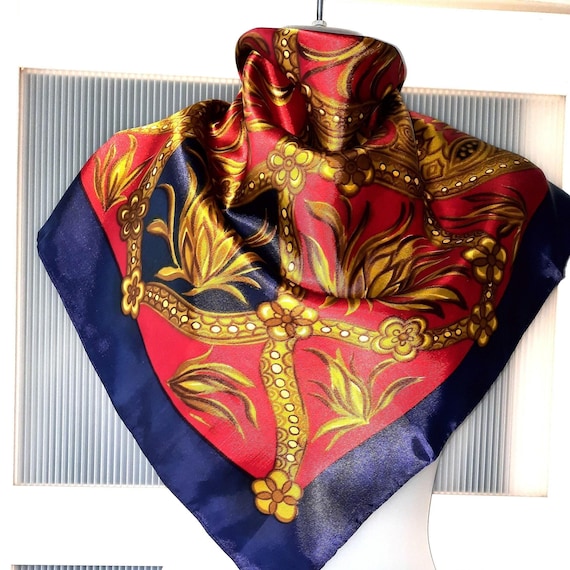 Scarf Red Purple Gold Floral Chain Design Silk Satin Neck  display picture 1