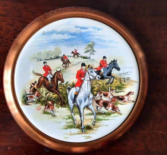 Vintage Fox Hunting Plaque: 1950s Equestrian Decor, Copper Frame