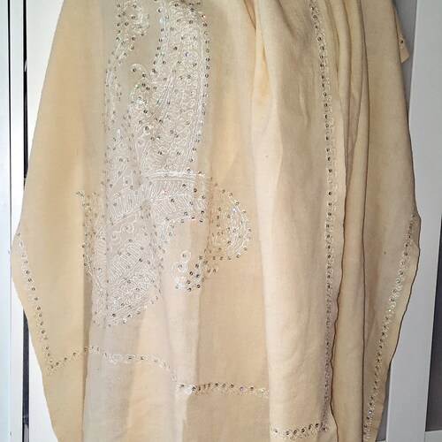 Wool Shawl Cream White Embroidered Silver Sequin Floral Design Long Fringes CASHMERE Kashimiri Wool Shoulder shops Wrap Scarf Bridal Wedding Gifts