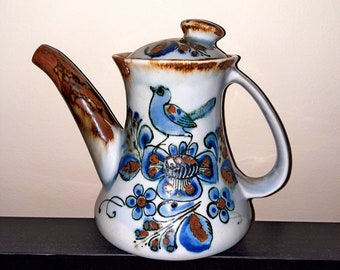 Gesigneerd KEN EDWARDS Theepot Blauw Vogel Bloemen Ontwerp Steengoed Aardewerk Koffiepot TONALA Mexicaanse Volkskunst Aardewerk Rustiek Housewarming Cadeau