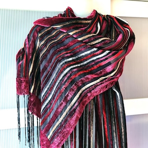 Art Deco Velvet Scarf: Burgundy Silk Chiffon Opera Shawl, Stripe Design