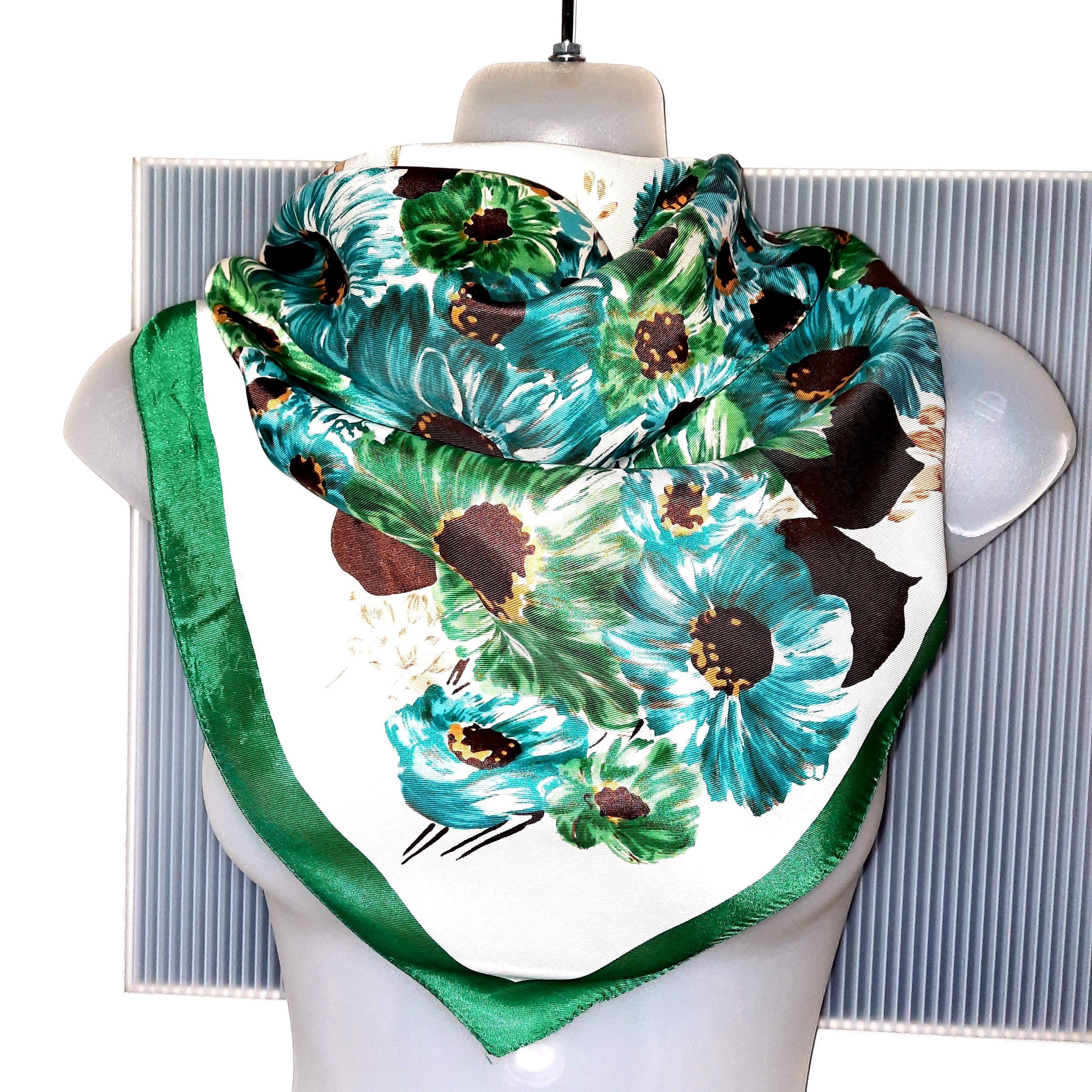 Hair Scarf or Bag Scarf in a beautiful floral green design double sided! Vintage Green Cotton Scarf .floral,flower Scarf 80 X 80 Cm  main image 3